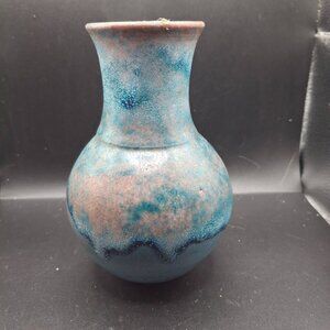 Handcrafted Blue & Pink Drip Glazed Ceramic Vase Signed